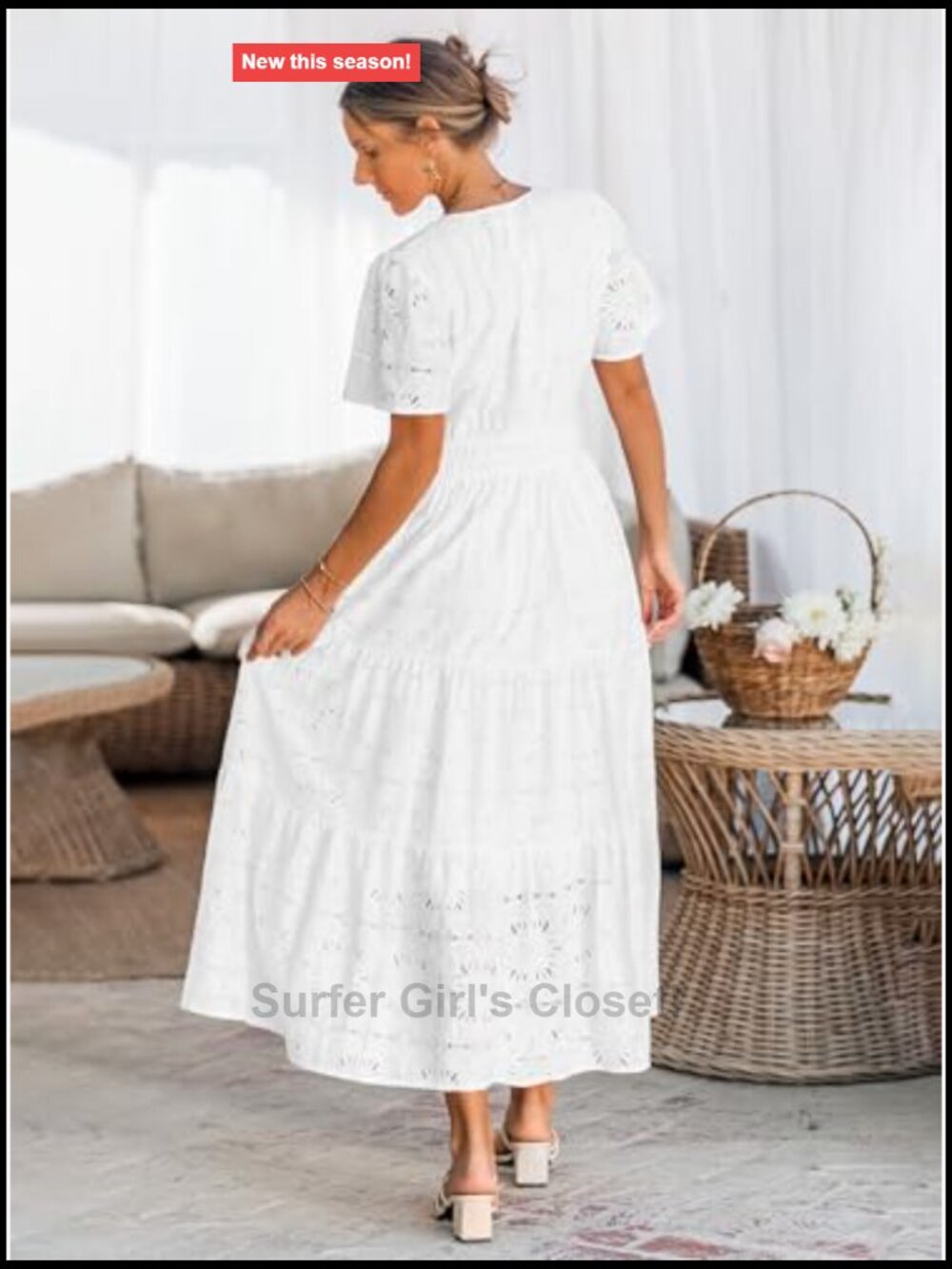 Flowy Eyelet Lace Maxi Dress Women Boho Casual Short Sleeve - Picture 6 of 7